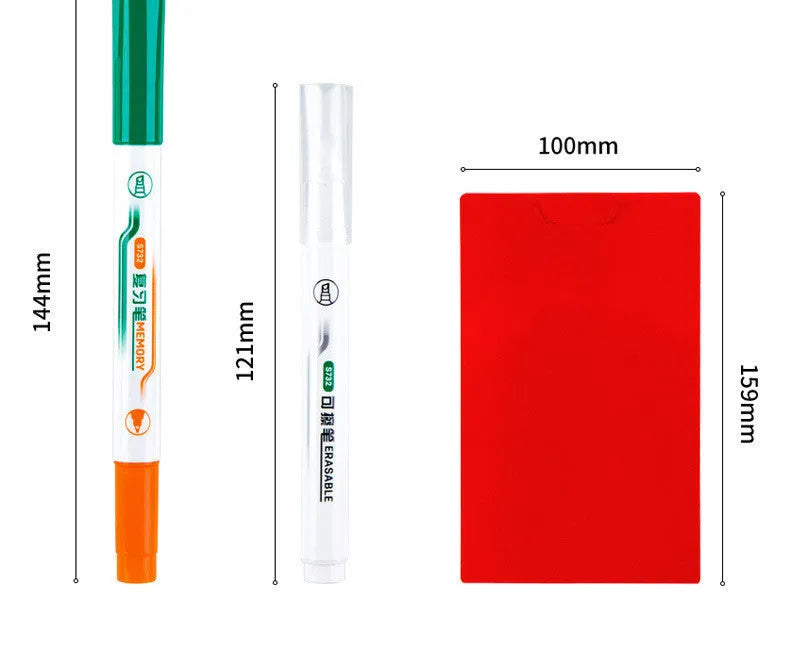 Green erasable highlighter pen set with oblique shape and integrated eraser on card packaging