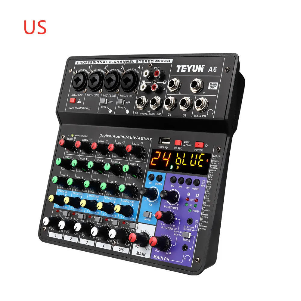 Black Bluetooth sound card mixer with multiple input jacks and LED indicators