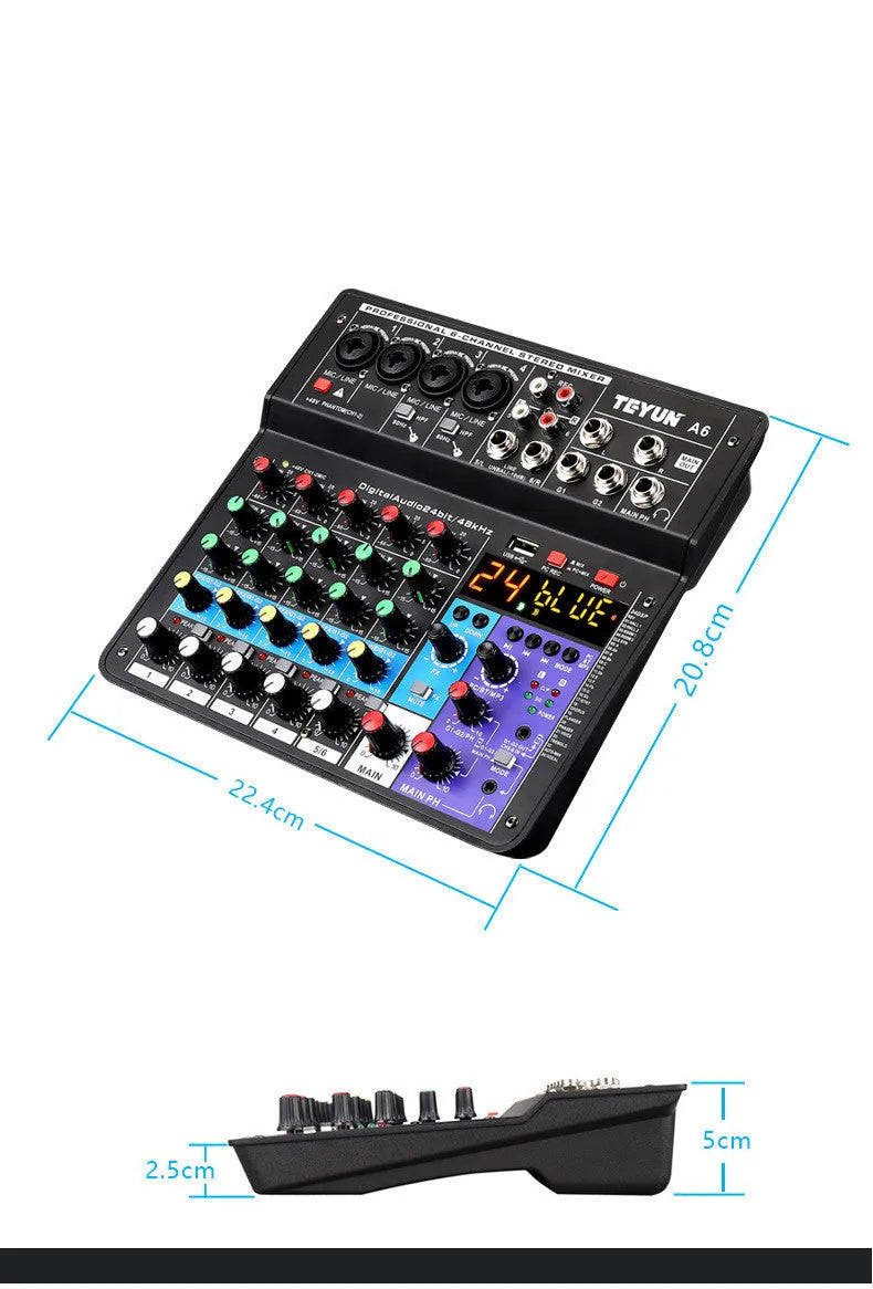 Black Bluetooth sound card mixer with multiple input jacks and LED indicators