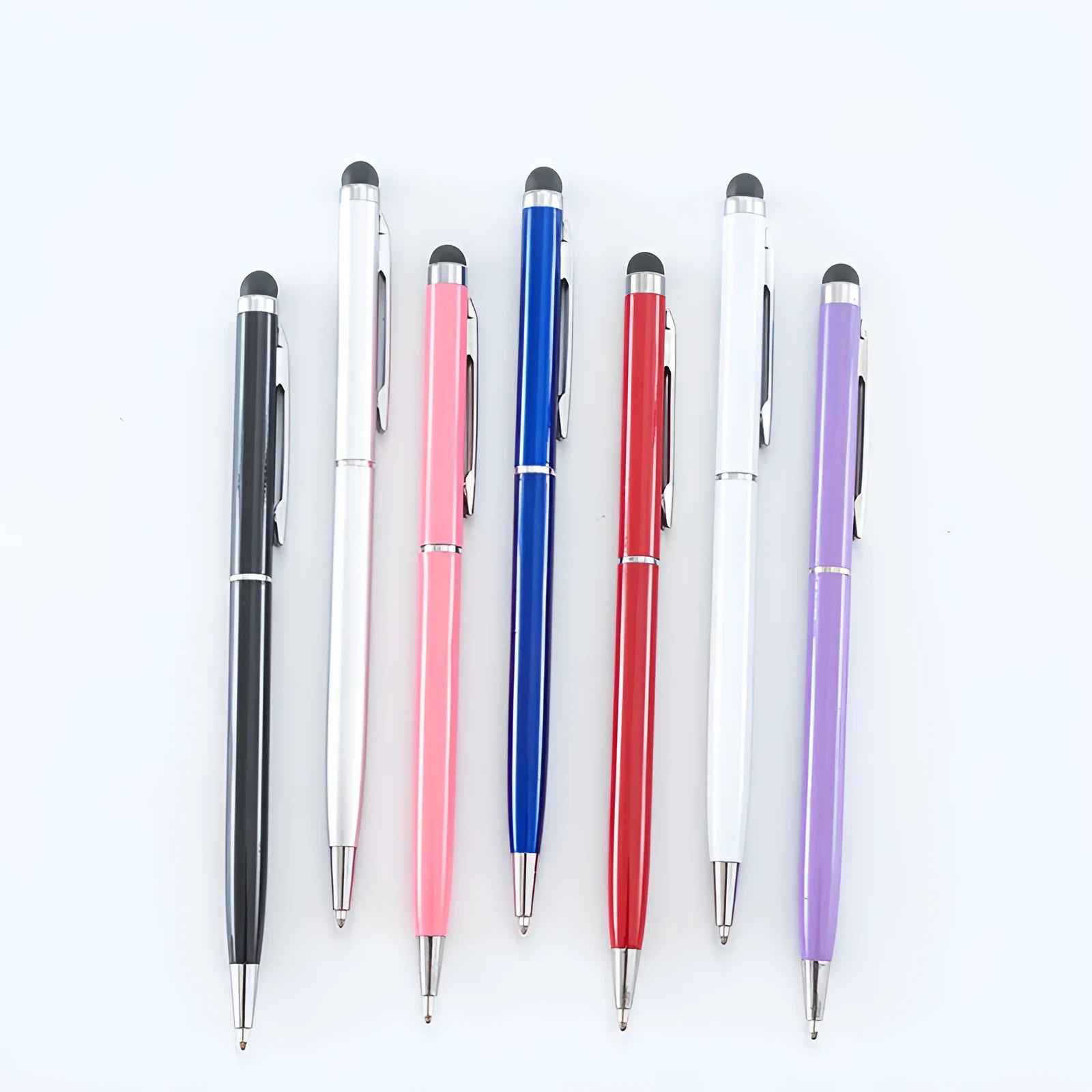 Metal rotating capacitive stylus pen with 0.5mm tip shown in multiple colour options