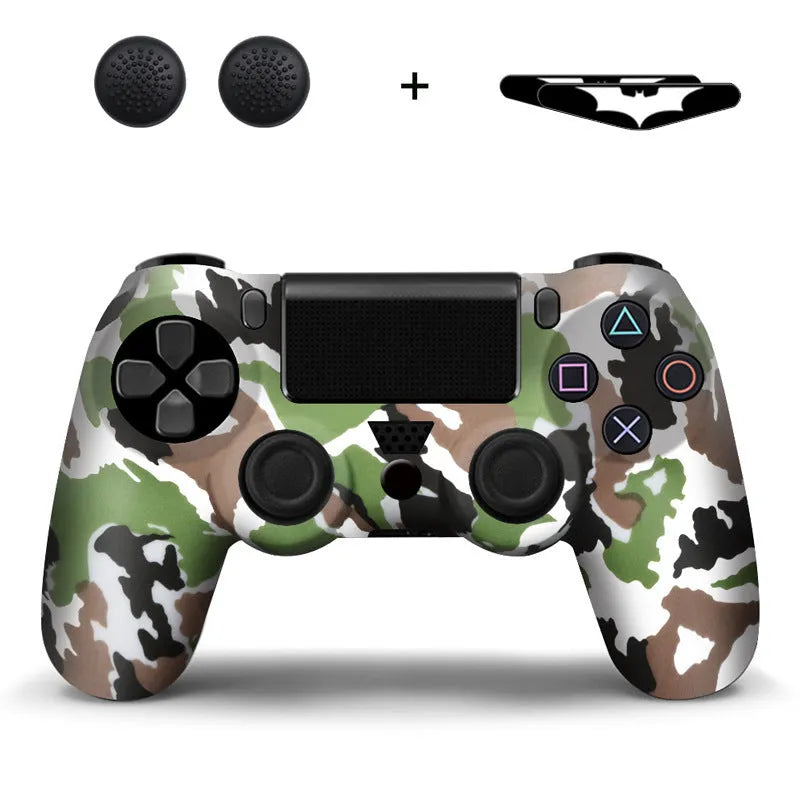 PS4 controller in camouflage silicone protective case with button caps and lamp stickers