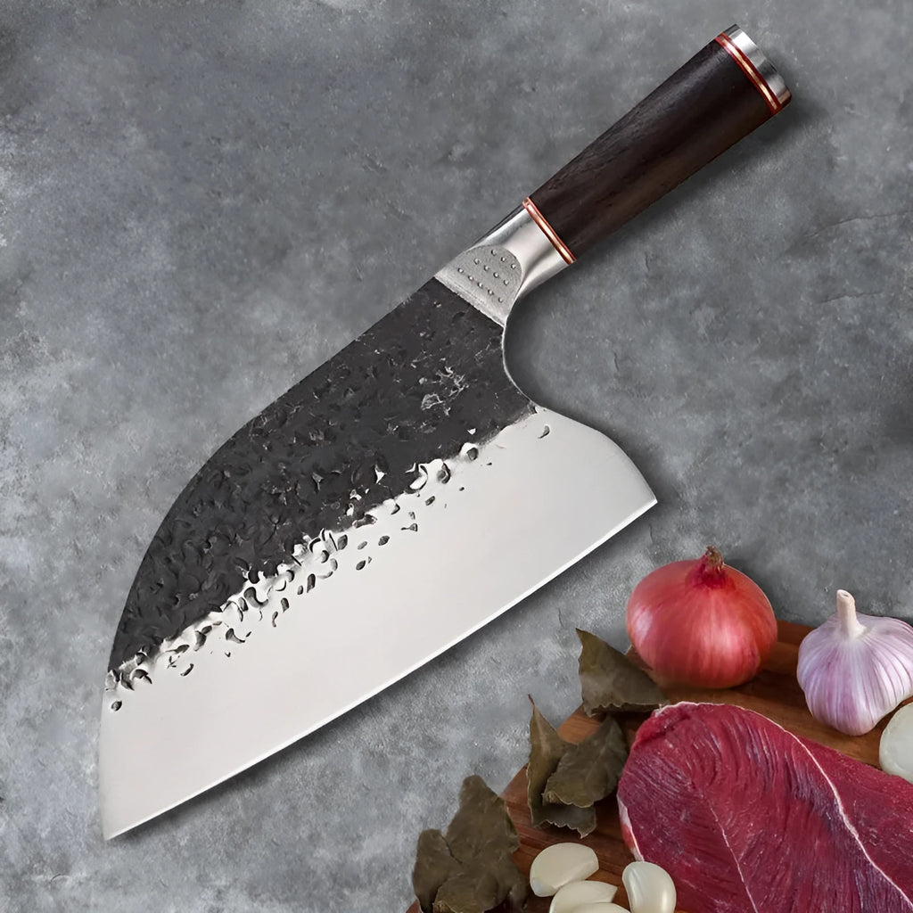 Kitchen chef knife with stainless steel blade and ebony wood handle for cutting meat and bones