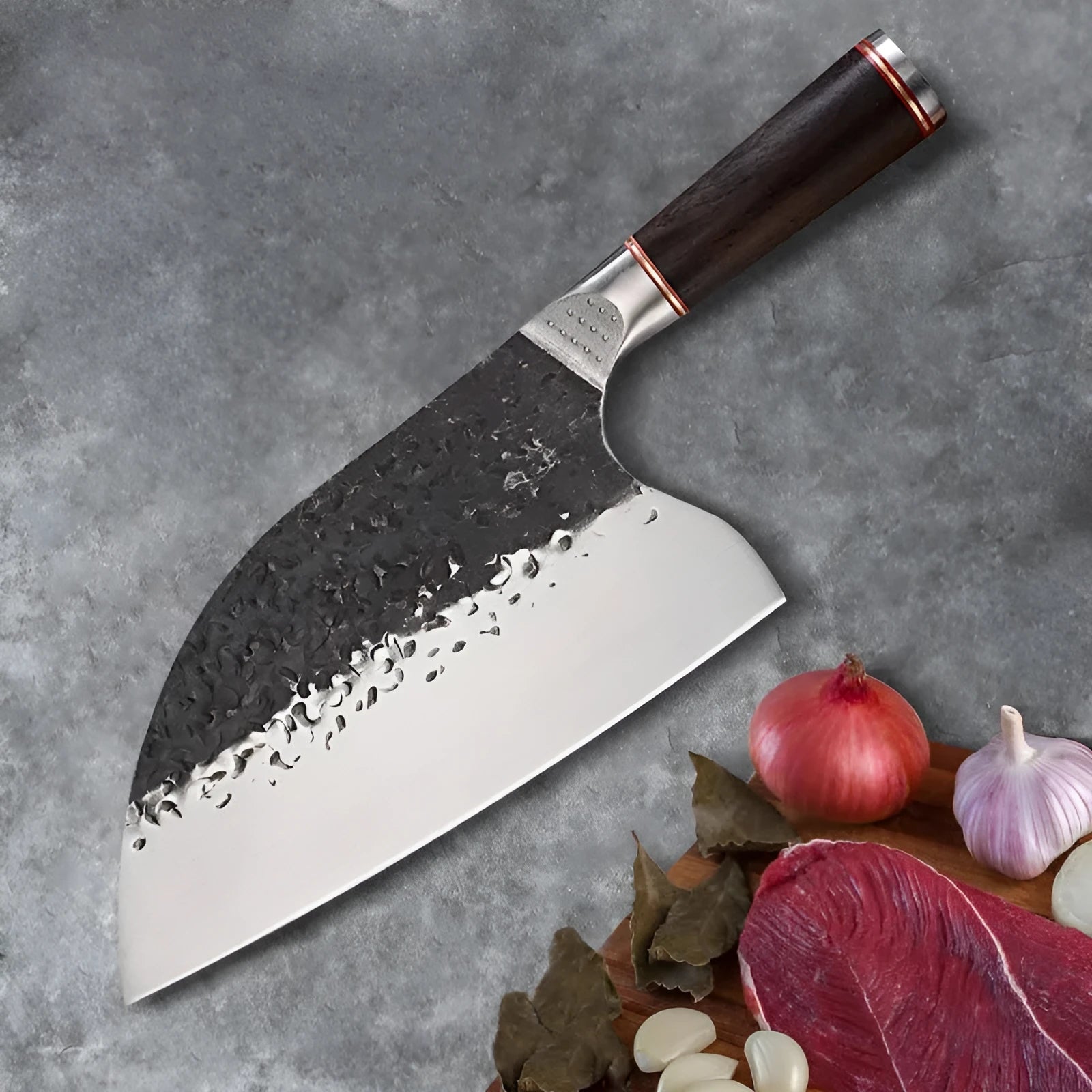 Kitchen chef knife with stainless steel blade and ebony wood handle for cutting meat and bones