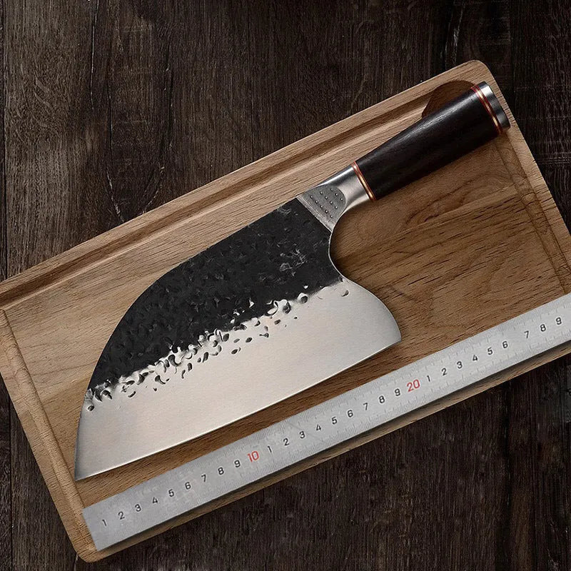 Kitchen chef knife with stainless steel blade and ebony wood handle for cutting meat and bones
