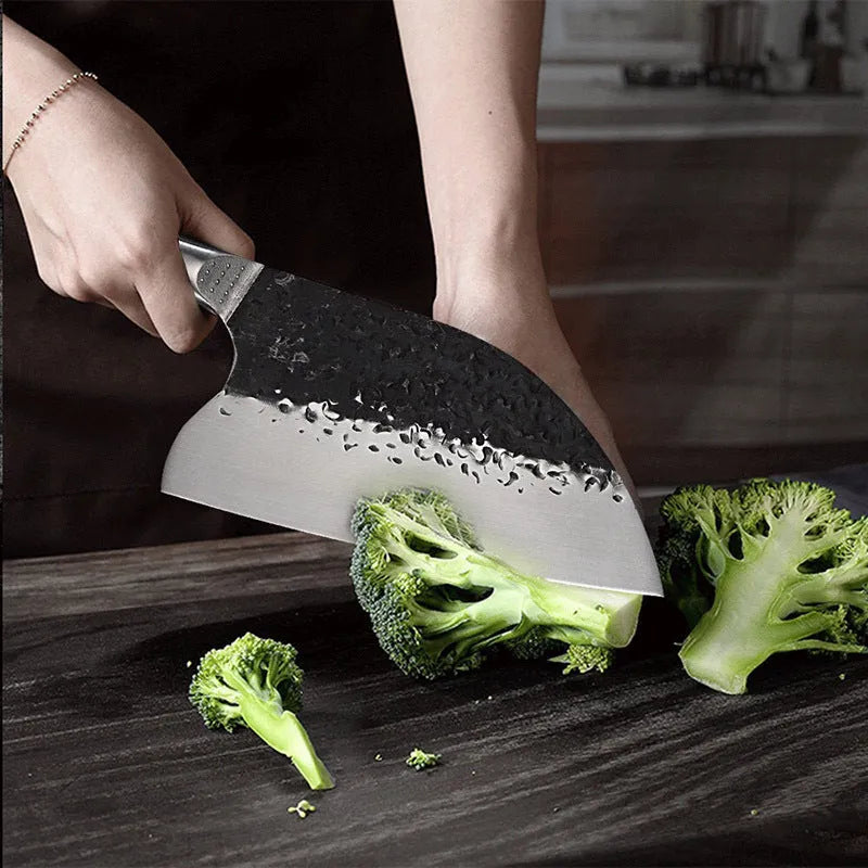 Kitchen chef knife with stainless steel blade and ebony wood handle for cutting meat and bones