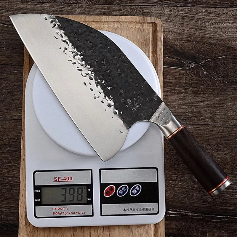 Kitchen chef knife with stainless steel blade and ebony wood handle for cutting meat and bones