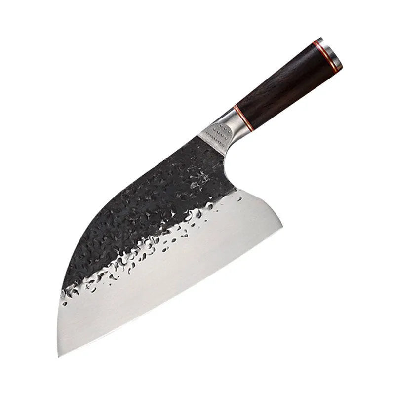 Kitchen chef knife with stainless steel blade and ebony wood handle for cutting meat and bones