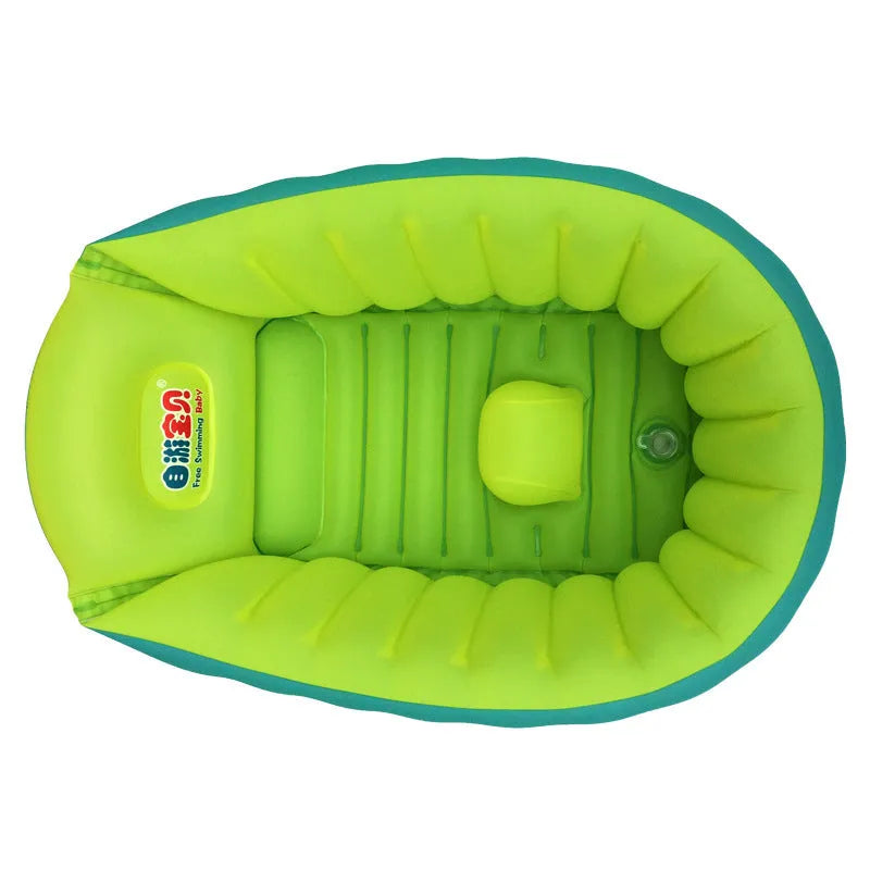 Inflatable baby bath tub with central safety column, blue, size S, laid flat on white surface