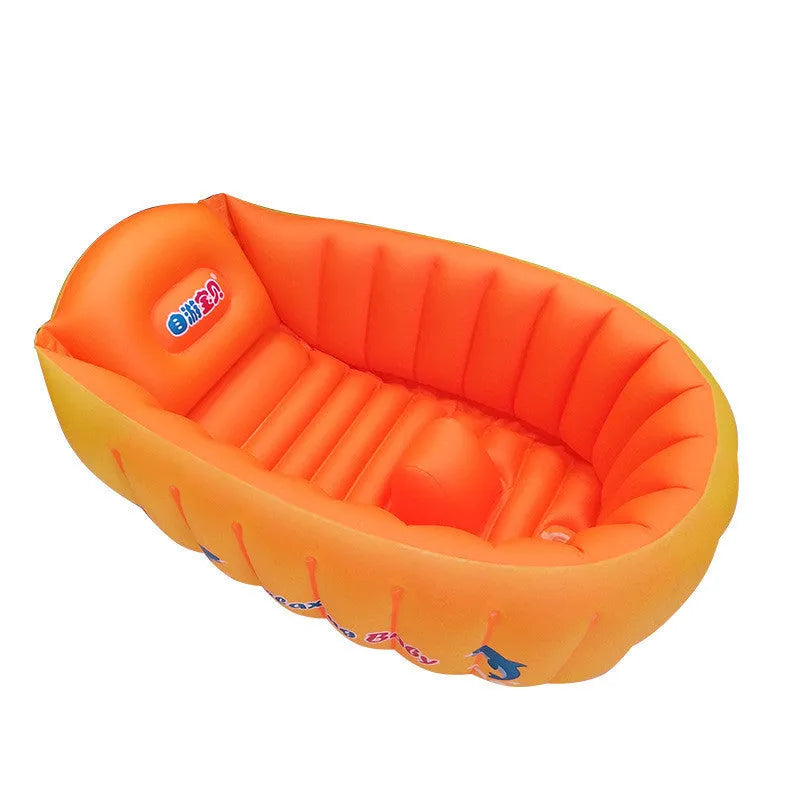 Inflatable baby bath tub with central safety column, blue, size S, laid flat on white surface