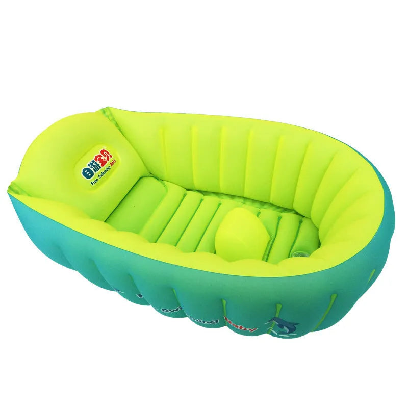 Inflatable baby bath tub with central safety column, blue, size S, laid flat on white surface