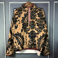 V-neck blouse with ruffle sleeves and button and zip front closure, available in sizes L M XL