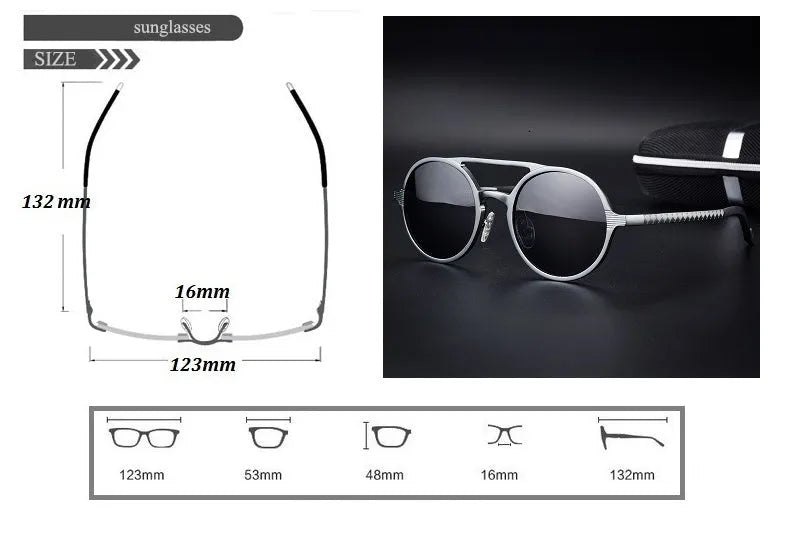 Men's polarised sunglasses with aluminium magnesium vintage round frame in black with grey lenses