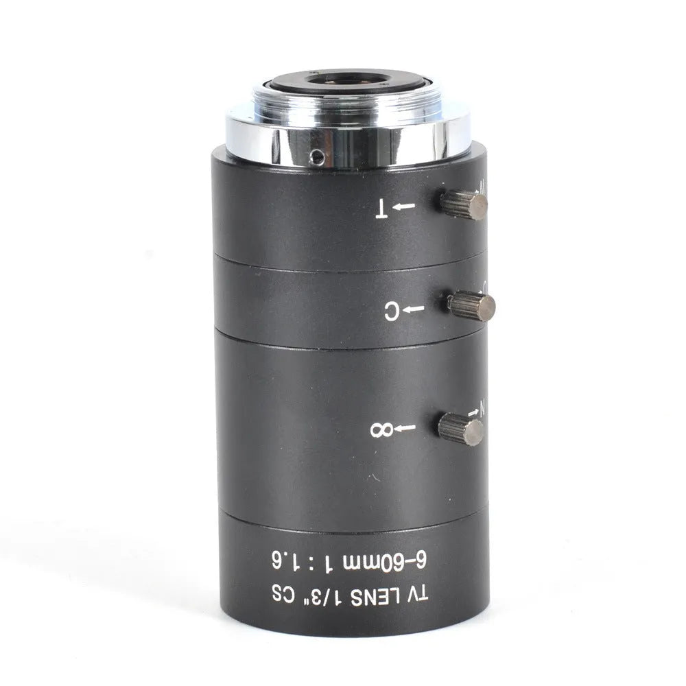 Black manual aperture 6-60mm CS mount CCTV lens for security cameras with adjustable focus ring