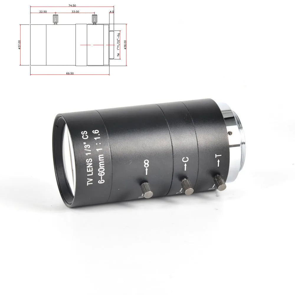 Black manual aperture 6-60mm CS mount CCTV lens for security cameras with adjustable focus ring