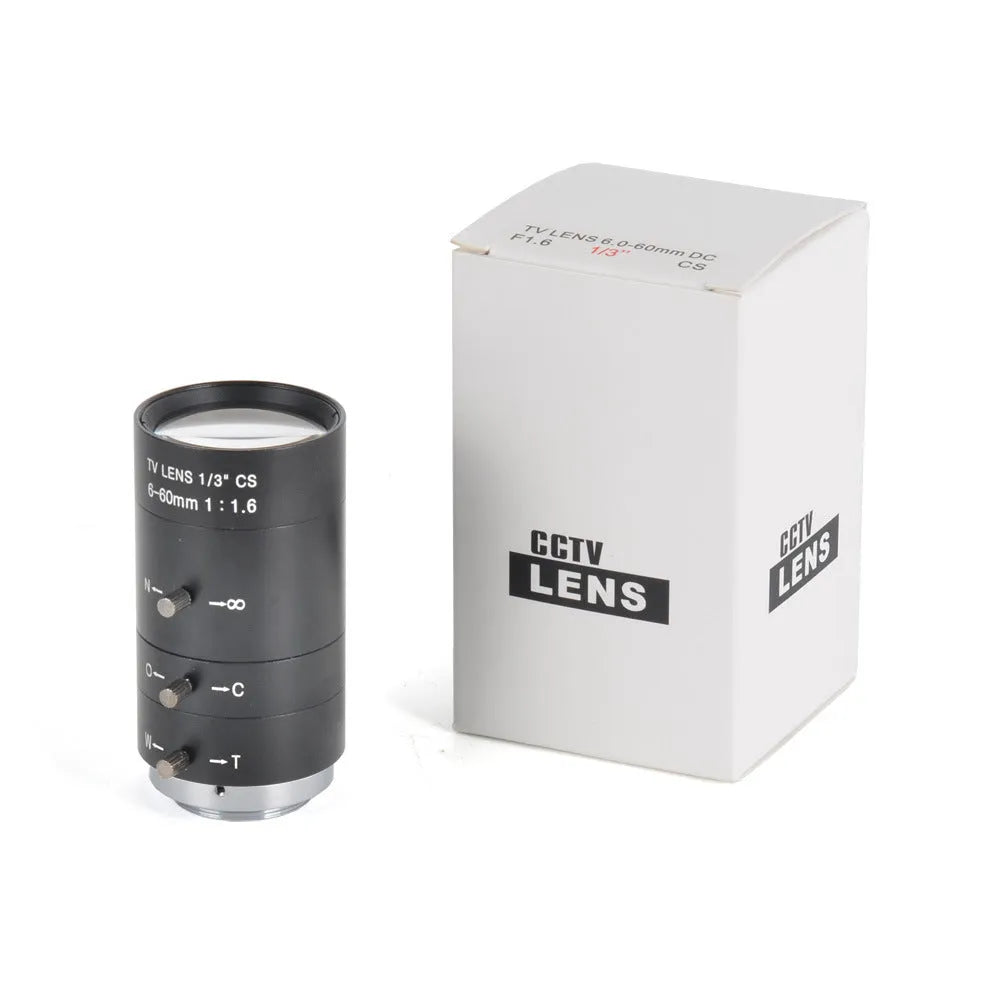 Black manual aperture 6-60mm CS mount CCTV lens for security cameras with adjustable focus ring