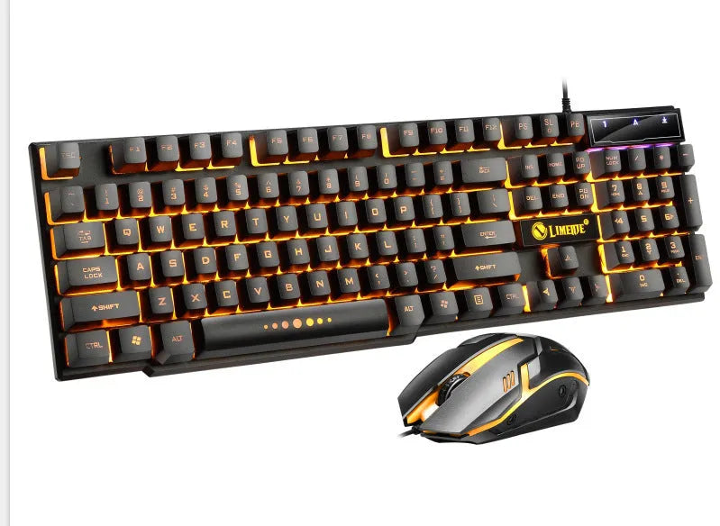 Limei Gtx300 backlit gaming keyboard and mouse set in multiple colour options on a desktop