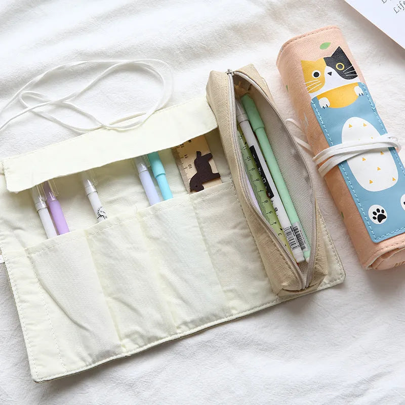 Rolling pencil case with Korean cartoon cat design in multiple colour options for stationery organisation