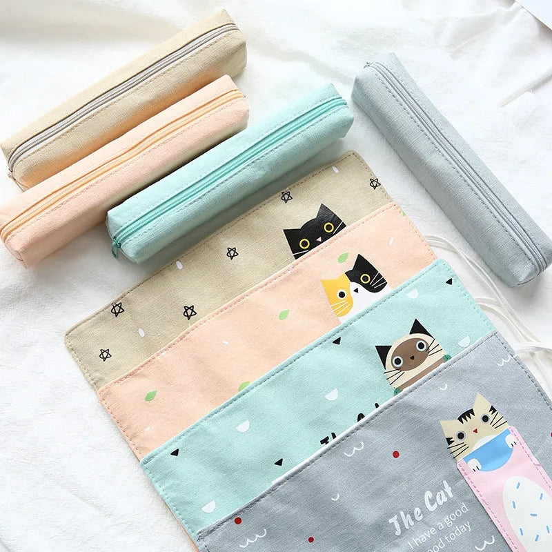 Rolling pencil case with Korean cartoon cat design in multiple colour options for stationery organisation