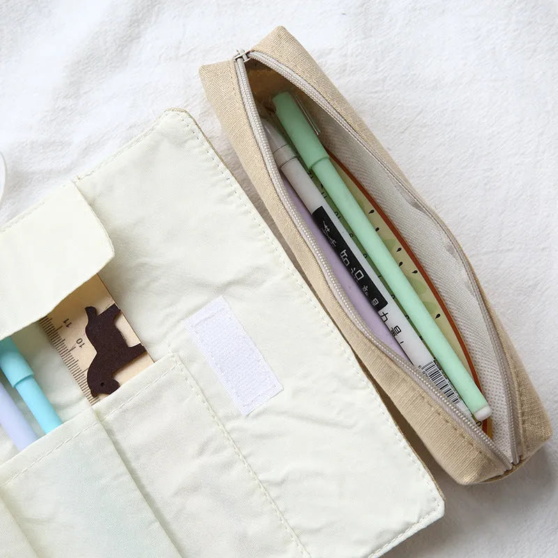 Rolling pencil case with Korean cartoon cat design in multiple colour options for stationery organisation