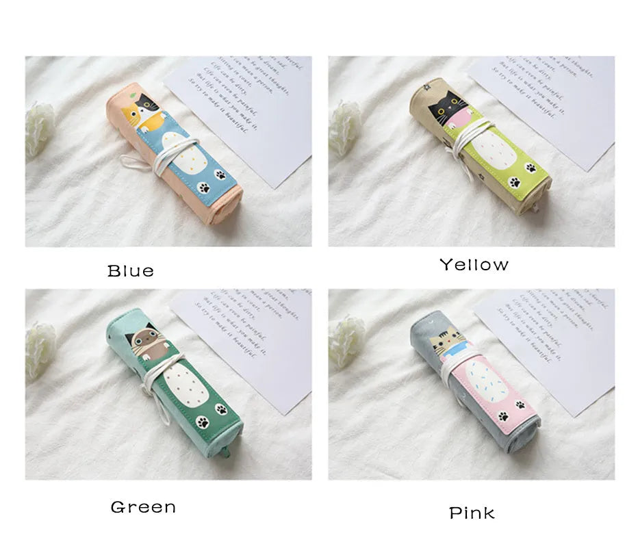 Rolling pencil case with Korean cartoon cat design in multiple colour options for stationery organisation