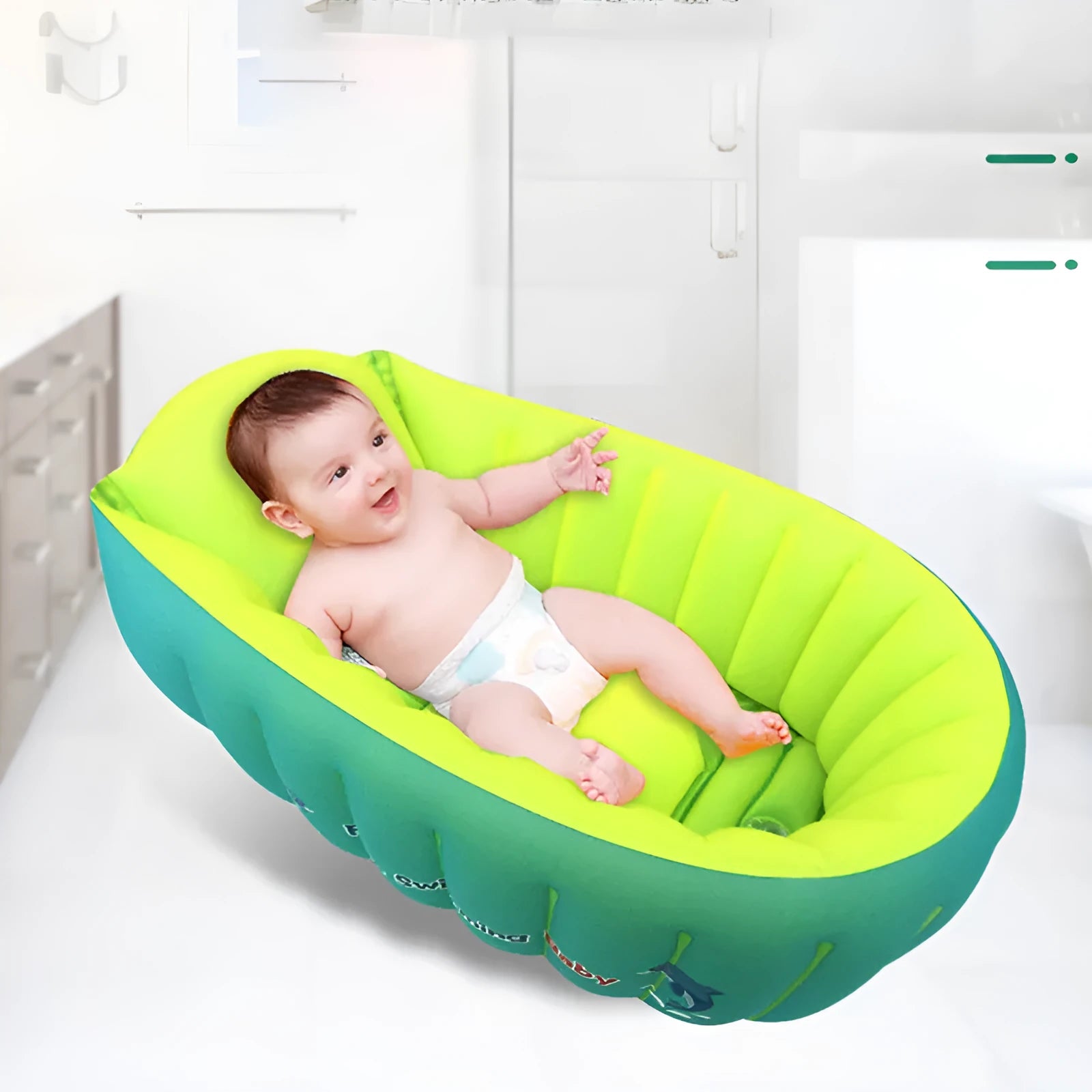 Inflatable baby bath tub with central safety column, blue, size S, laid flat on white surface