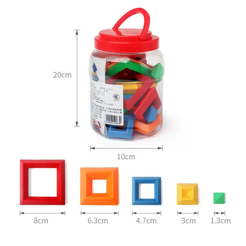 Rainbow-coloured wooden jenga-style building blocks forming three towers for children's educational play
