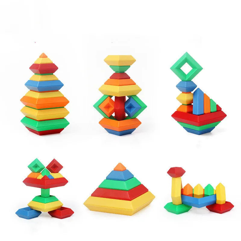 Rainbow-coloured wooden jenga-style building blocks forming three towers for children's educational play