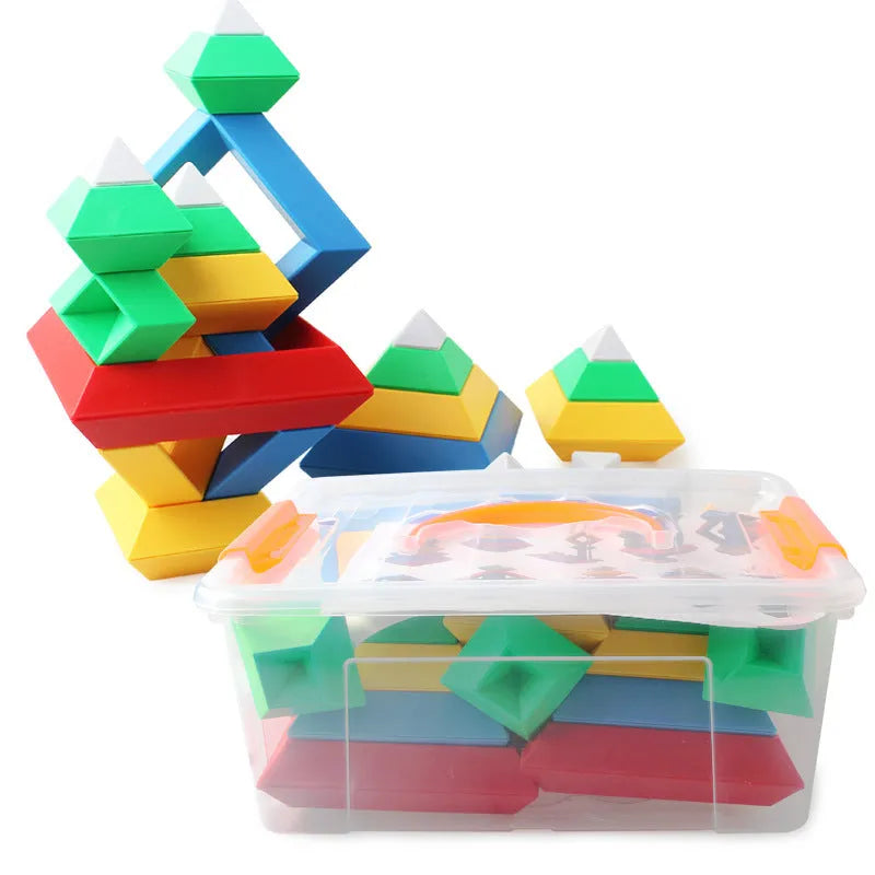 Rainbow-coloured wooden jenga-style building blocks forming three towers for children's educational play