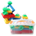 Rainbow-coloured wooden jenga-style building blocks forming three towers for children's educational play