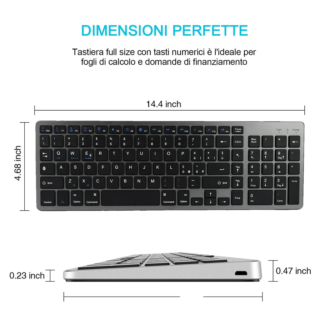 Ultra-thin white rechargeable Bluetooth keyboard for iPad and tablets showing 104-key layout.