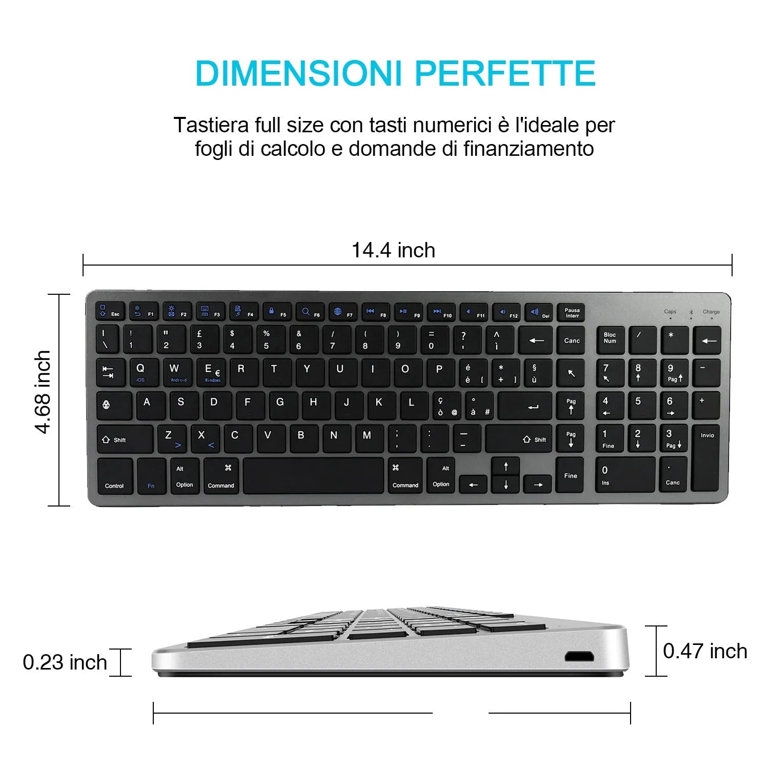 Ultra-thin white rechargeable Bluetooth keyboard for iPad and tablets showing 104-key layout.