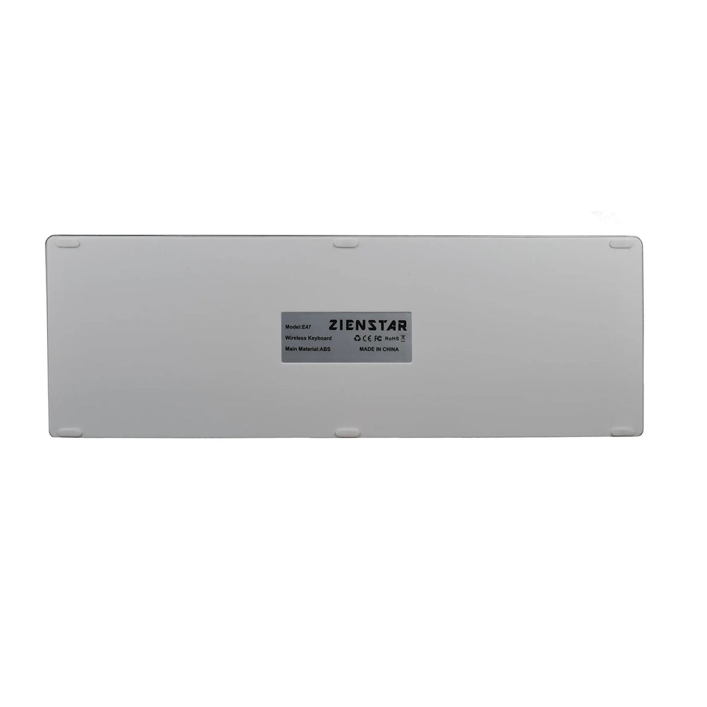 Ultra-thin white rechargeable Bluetooth keyboard for iPad and tablets showing 104-key layout.