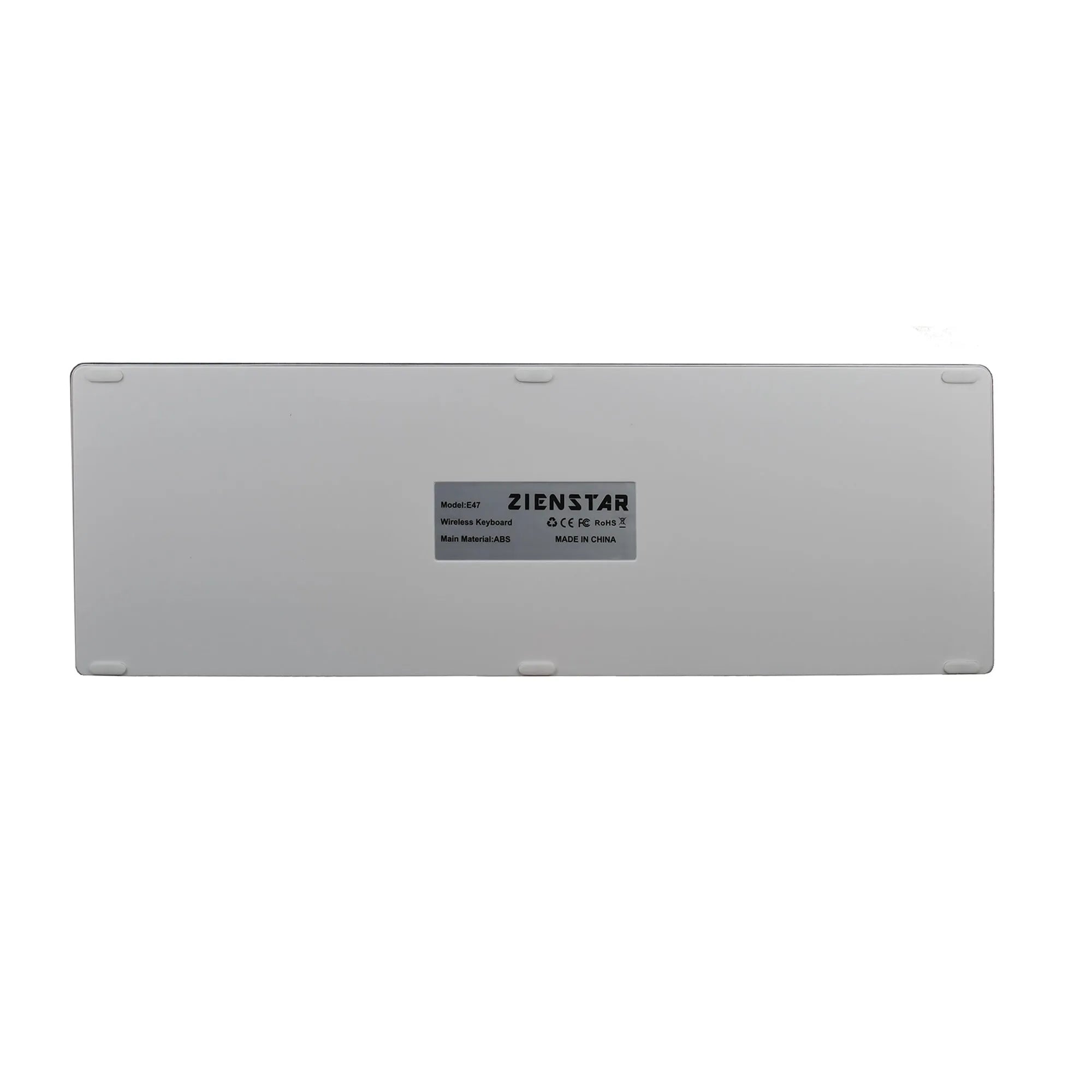 Ultra-thin white rechargeable Bluetooth keyboard for iPad and tablets showing 104-key layout.