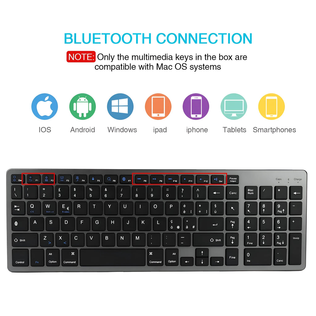 Ultra-thin white rechargeable Bluetooth keyboard for iPad and tablets showing 104-key layout.