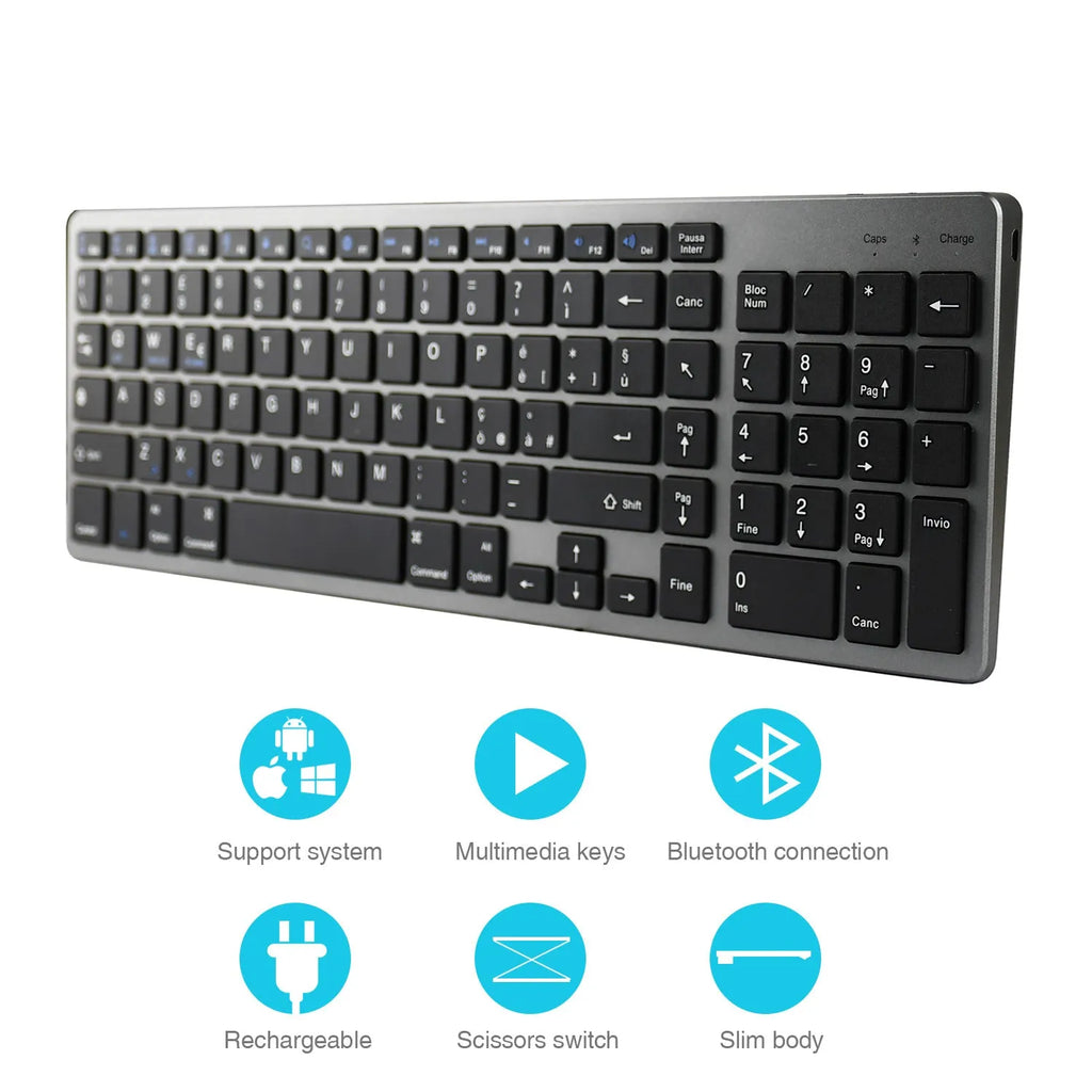 Ultra-thin white rechargeable Bluetooth keyboard for iPad and tablets showing 104-key layout.