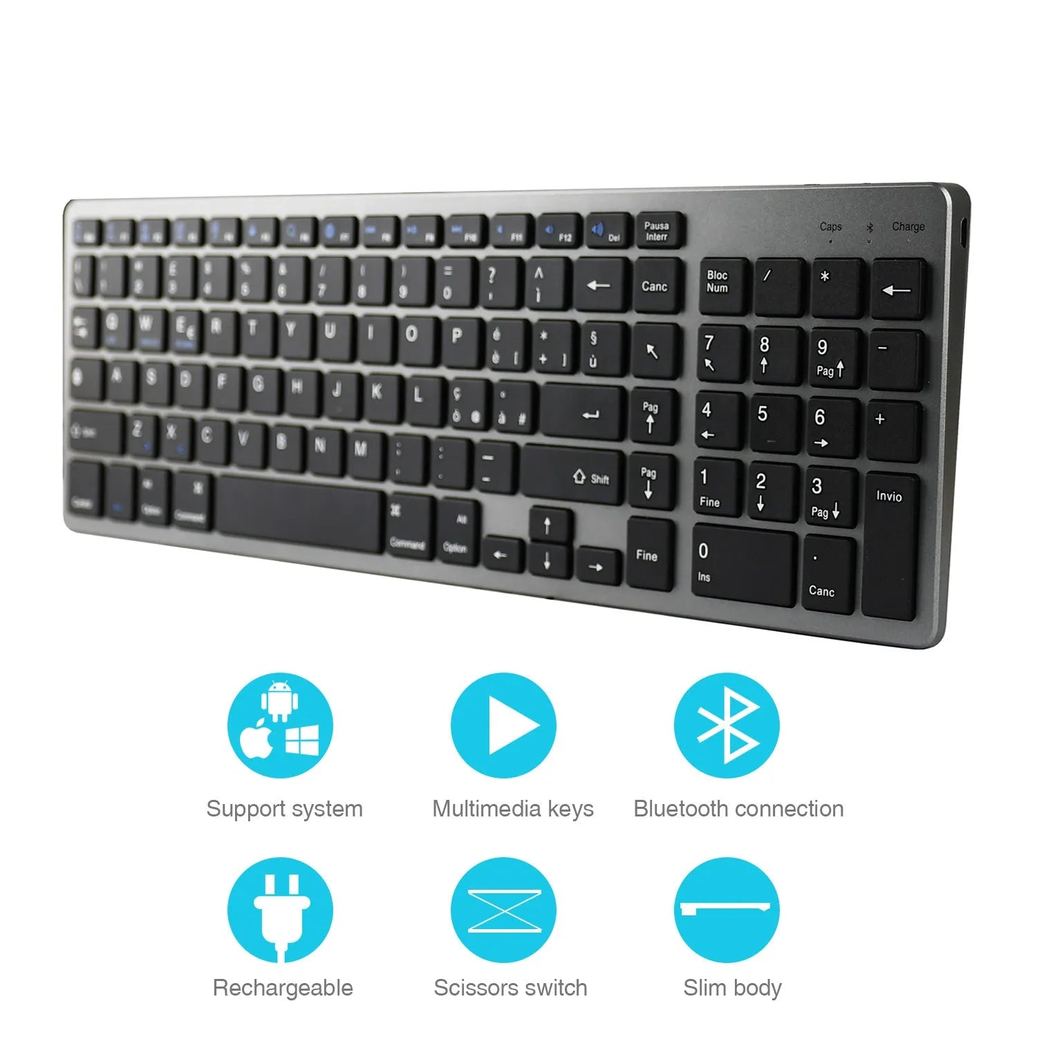 Ultra-thin white rechargeable Bluetooth keyboard for iPad and tablets showing 104-key layout.