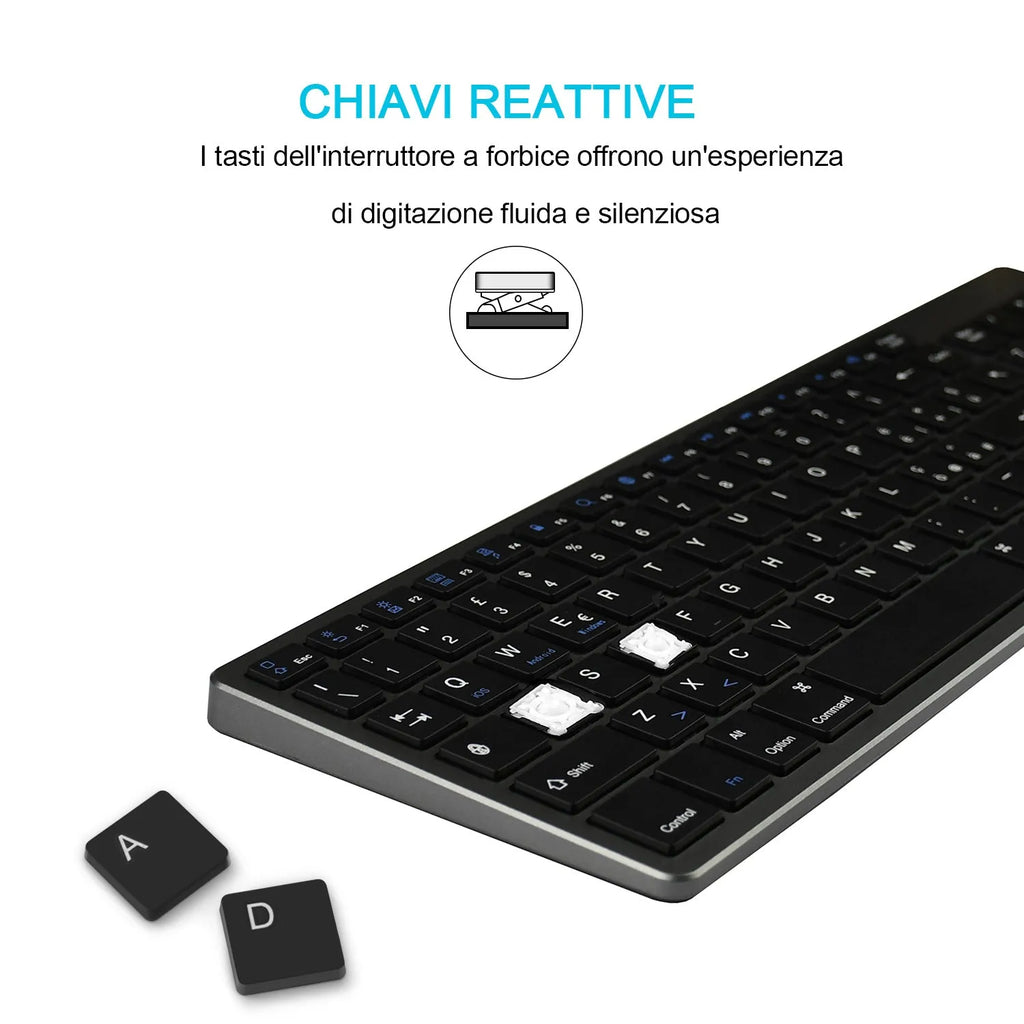 Ultra-thin white rechargeable Bluetooth keyboard for iPad and tablets showing 104-key layout.