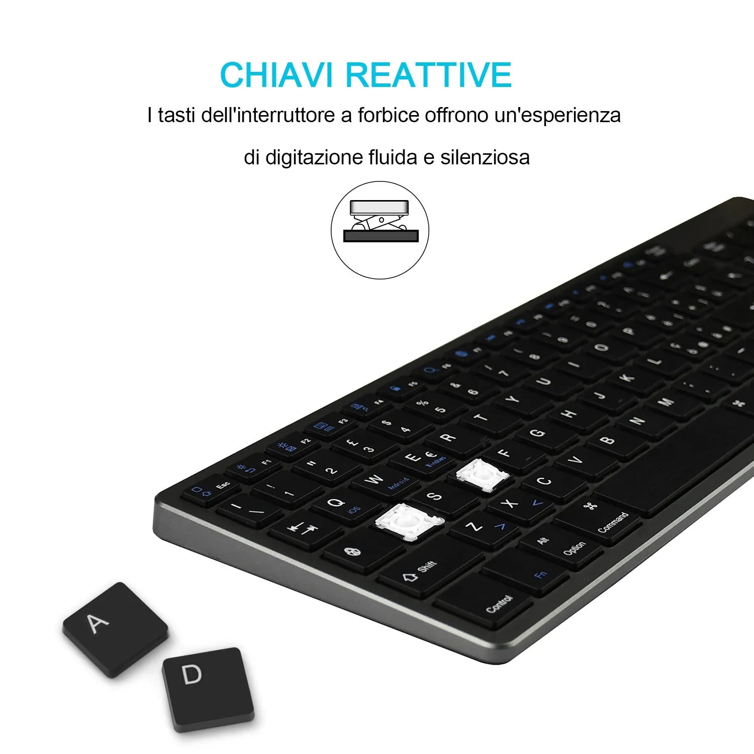 Ultra-thin white rechargeable Bluetooth keyboard for iPad and tablets showing 104-key layout.