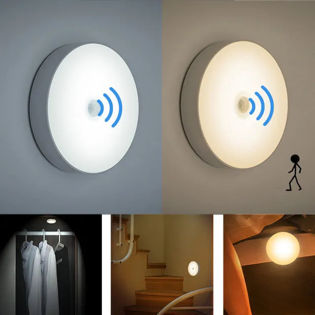 Small white USB rechargeable motion sensor LED night light with adhesive tape for mounting.