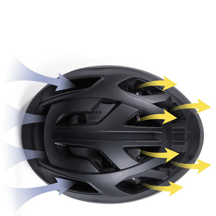 Mountain road bike helmet with built-in LED taillight, 17 vents, matt black finish, side view