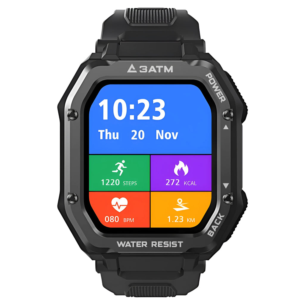 Army green rugged smart watch with 1.69-inch screen showing sports mode interface