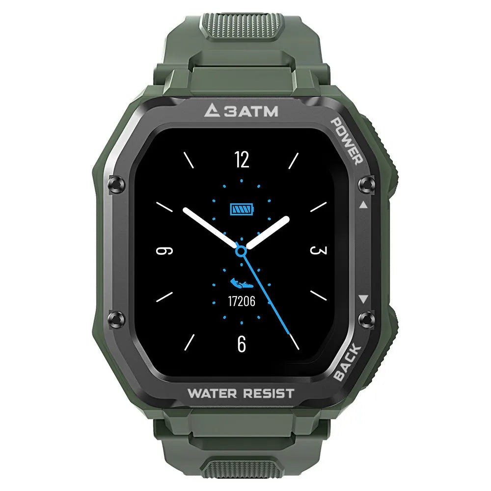 Army green rugged smart watch with 1.69-inch screen showing sports mode interface