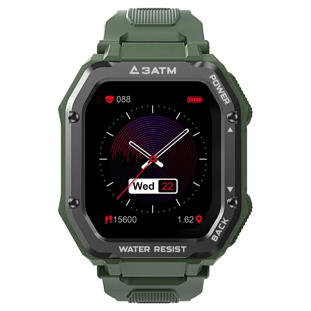 Army green rugged smart watch with 1.69-inch screen showing sports mode interface