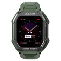 Army green rugged smart watch with 1.69-inch screen showing sports mode interface