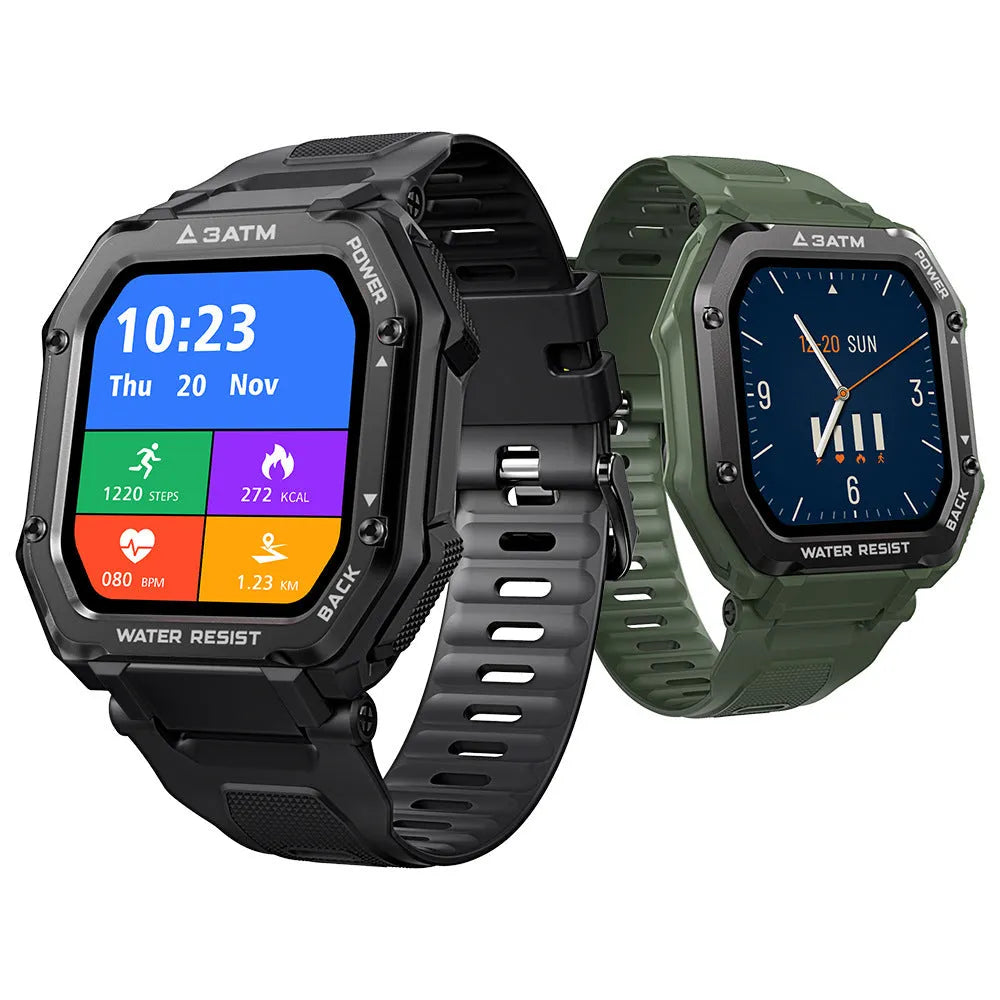 Army green rugged smart watch with 1.69-inch screen showing sports mode interface