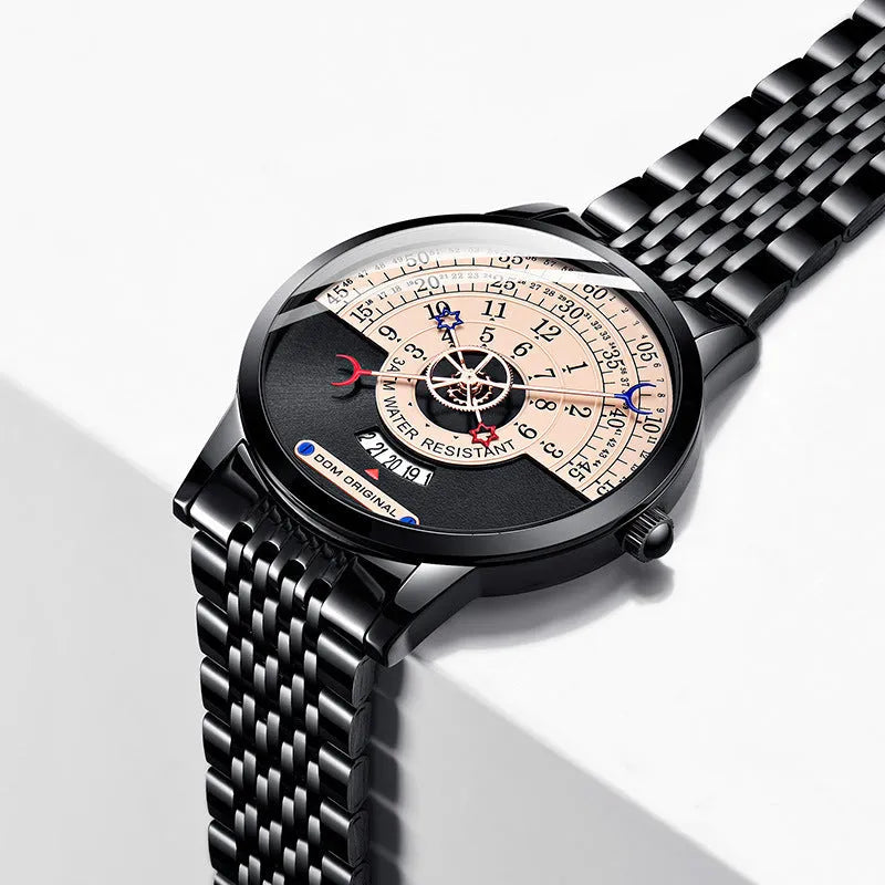 Men's creative sports watch with 40mm alloy case, quartz movement, and 30-metre waterproof rating