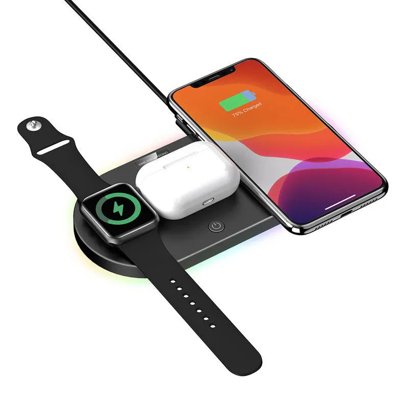 Black desktop wireless charging pad with LED light and USB port