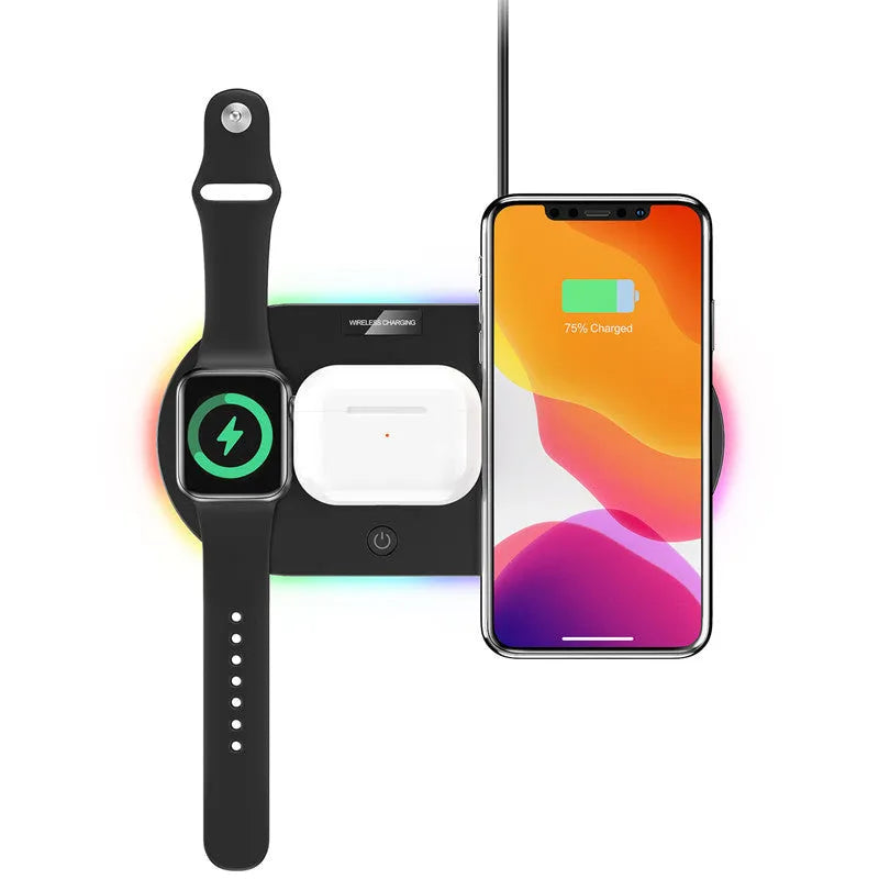 Black desktop wireless charging pad with LED light and USB port