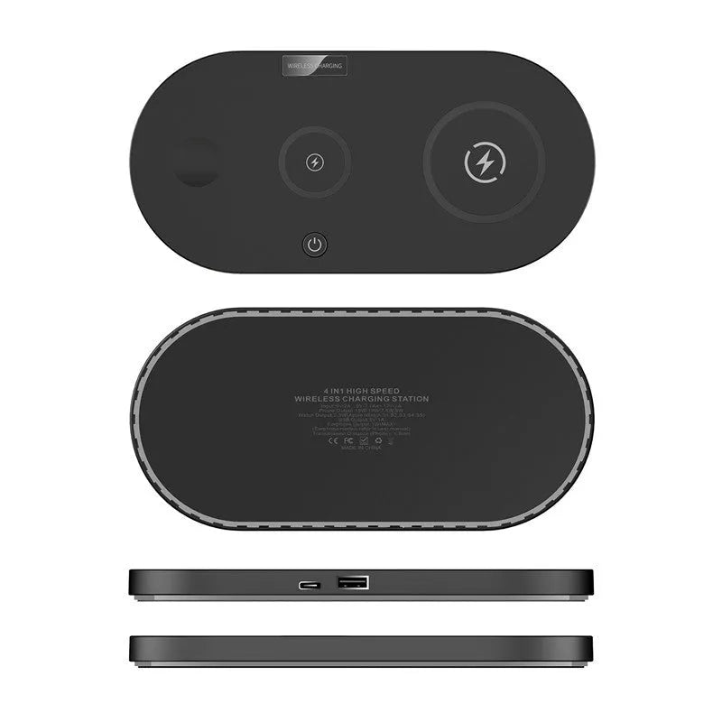Black desktop wireless charging pad with LED light and USB port