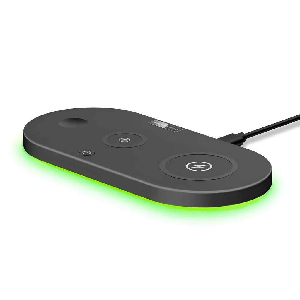 Black desktop wireless charging pad with LED light and USB port